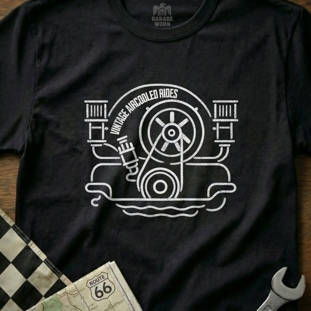 Black t-shirt with white line art of a vintage air-cooled engine.