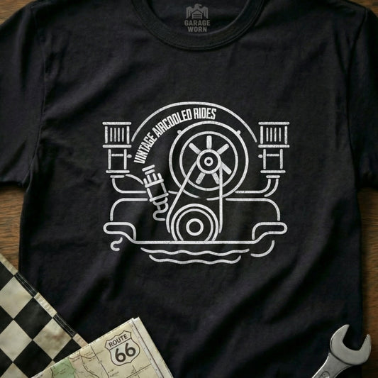 Black t-shirt with white line art of a vintage air-cooled engine.