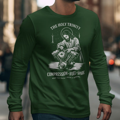 Green long-sleeve shirt with Jesus working on a motorcycle engine and text.