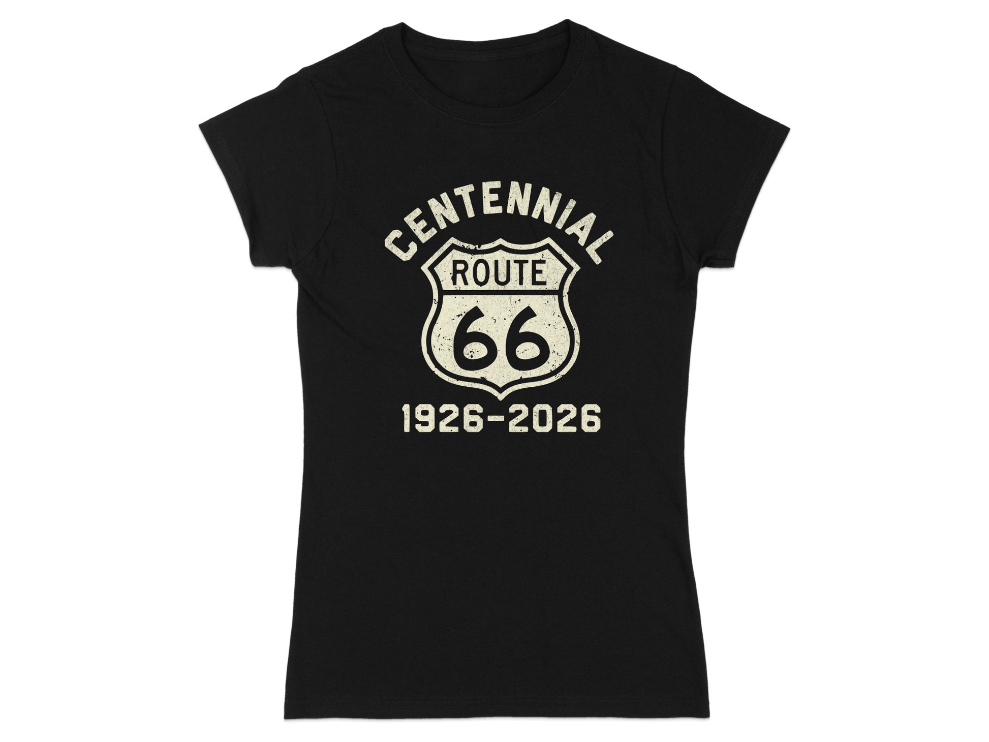 Black t-shirt with white "Centennial Route 66 1926-2026" graphic.