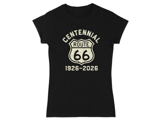 Black t-shirt with white "Centennial Route 66 1926-2026" graphic.