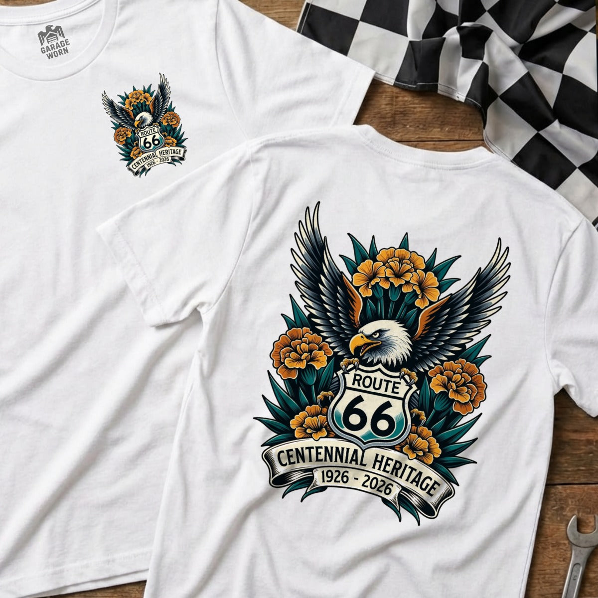 White t-shirt with eagle and Route 66 logo on back.