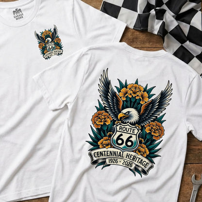 White t-shirt with eagle and Route 66 logo on back.