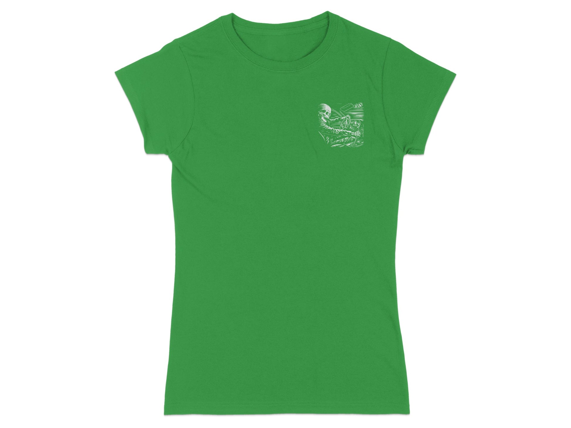 Green t-shirt with a pocket graphic of a skeleton playing a piano.