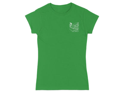 Green t-shirt with a pocket graphic of a skeleton playing a piano.