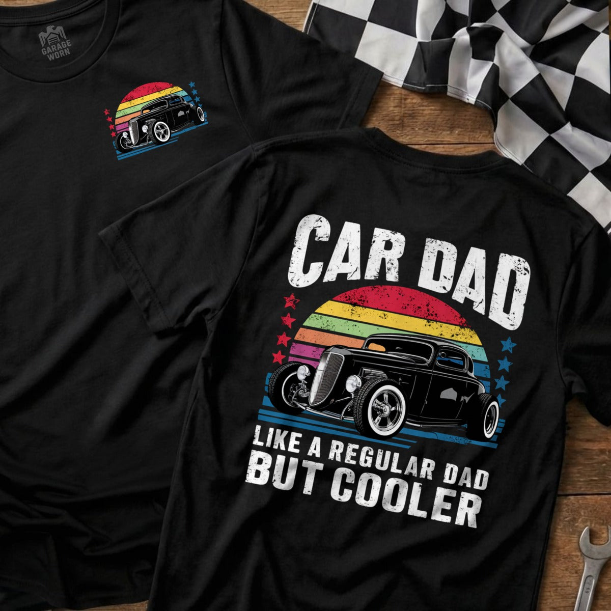Black t-shirt with "CAR DAD LIKE A REGULAR DAD BUT COOLER" and vintage car graphic.