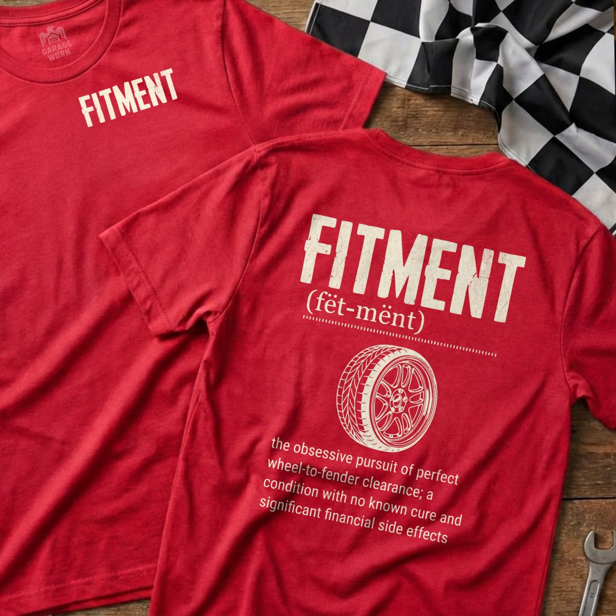 Red t-shirts with "FITMENT" and dictionary definition.