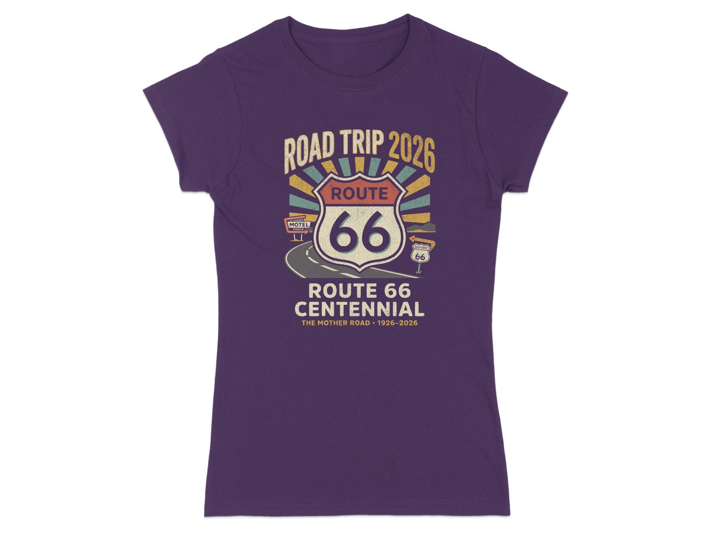 Purple t-shirt with Route 66 Centennial Road Trip 2026 graphic.