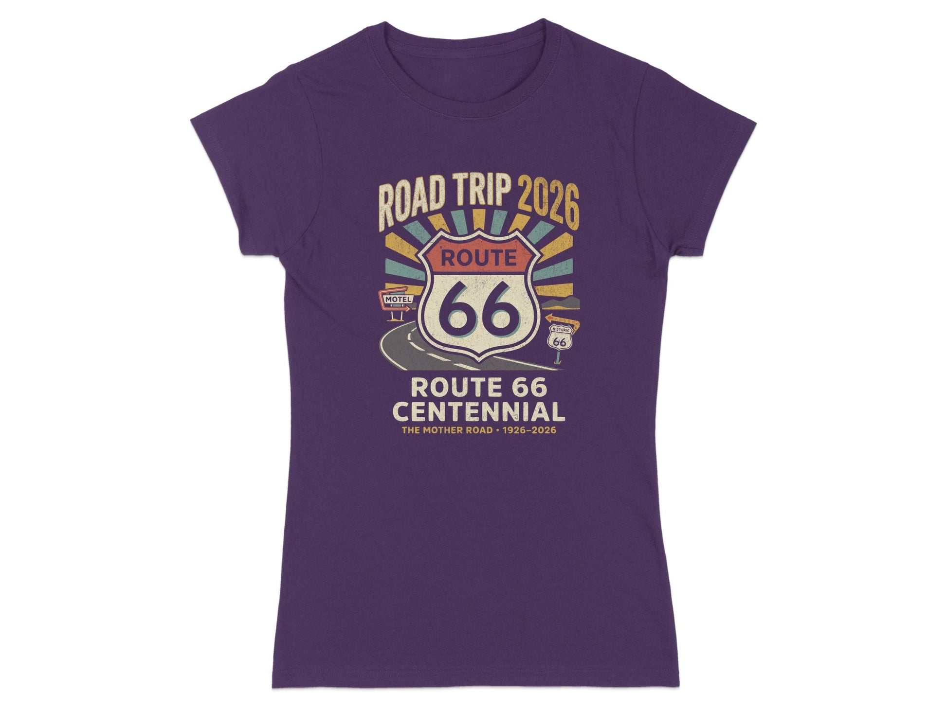 Purple t-shirt with Route 66 Centennial Road Trip 2026 graphic.