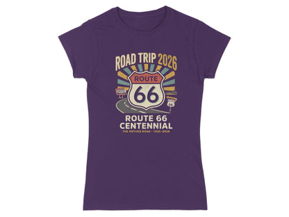 Purple t-shirt with Route 66 Centennial Road Trip 2026 graphic.
