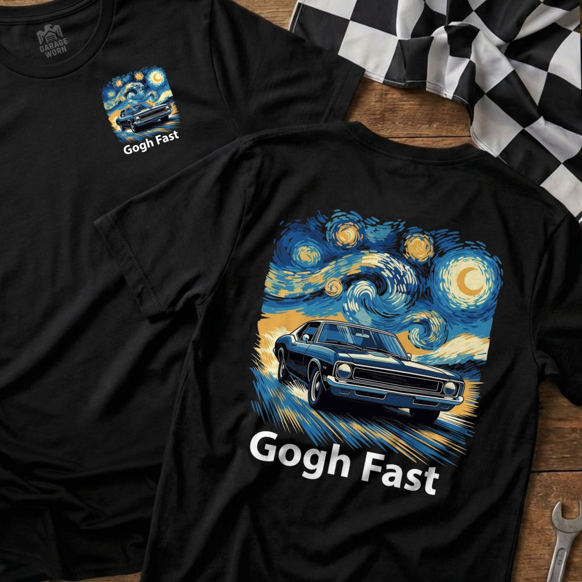Black t-shirt with Van Gogh-style painting of a muscle car, text "Gogh Fast".