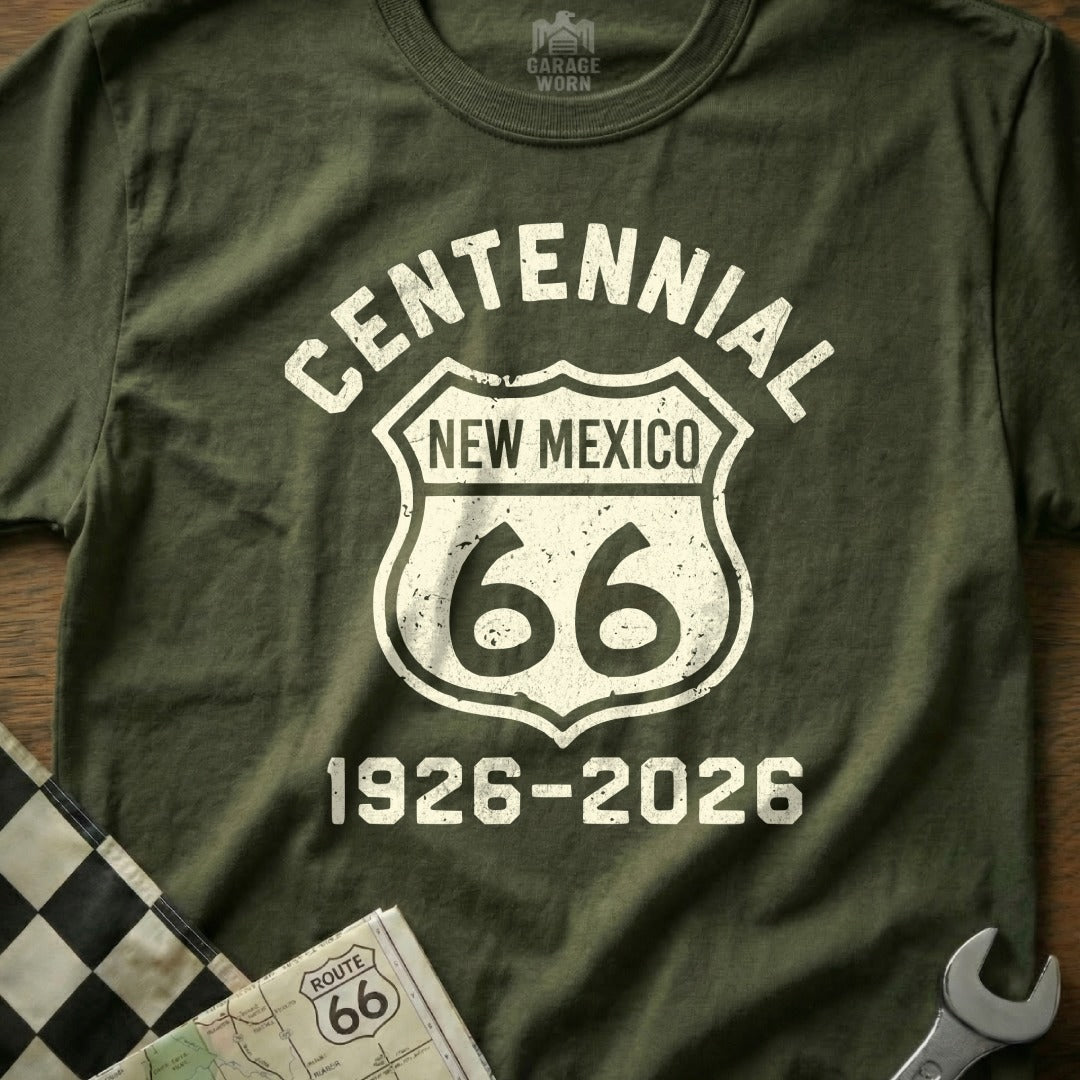 Green t-shirt with "Centennial New Mexico Route 66 1926-2026" design.