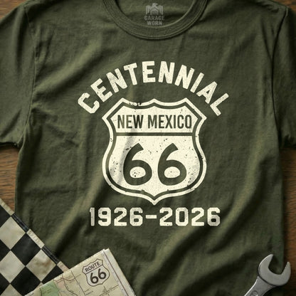 Green t-shirt with "Centennial New Mexico Route 66 1926-2026" design.