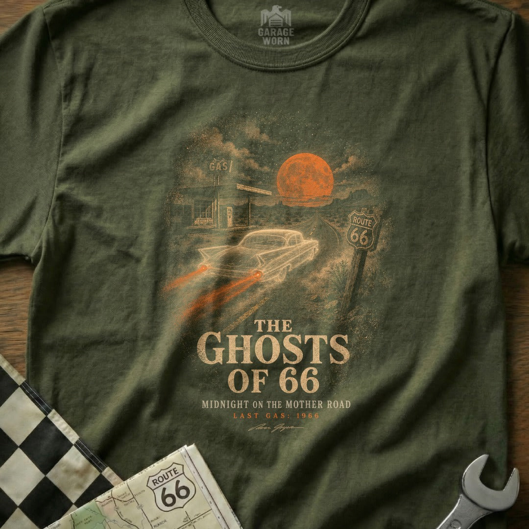 Olive green t-shirt with "The Ghosts of 66" graphic featuring a classic car and Route 66 sign.
