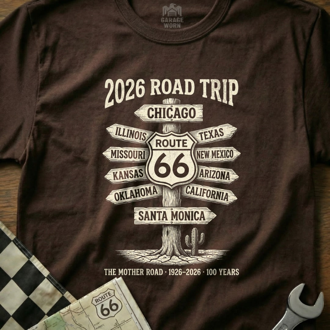 Brown t-shirt featuring "2026 Road Trip" and Route 66 destinations.