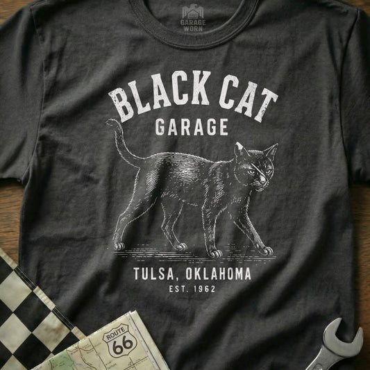Black Cat Garage T-shirt with Tulsa, Oklahoma Est. 1962.