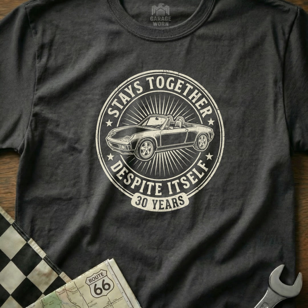T-shirt with a circular graphic of a classic convertible car and "Stays Together Despite Itself 30 Years".