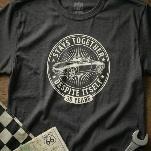 T-shirt with a circular graphic of a classic convertible car and "Stays Together Despite Itself 30 Years".