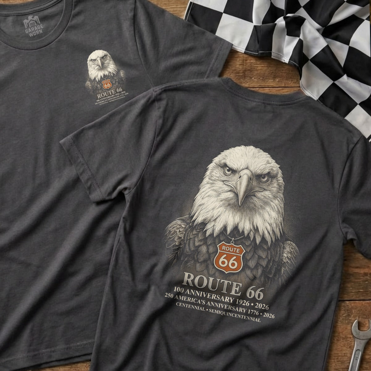 T-shirt featuring a bald eagle with a Route 66 badge and text about anniversaries.