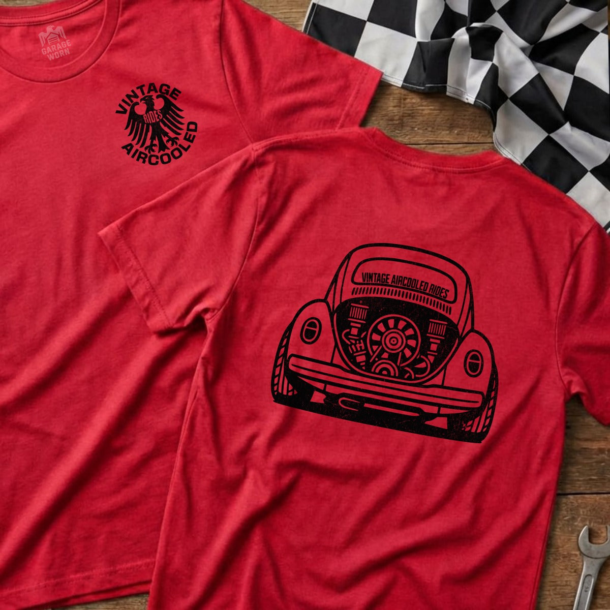 Red t-shirt with vintage air-cooled engine graphic on back, checkered flag behind.