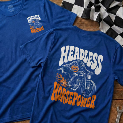 Blue t-shirt with "Headless Horsepower" text and pumpkin-headed rider graphic.