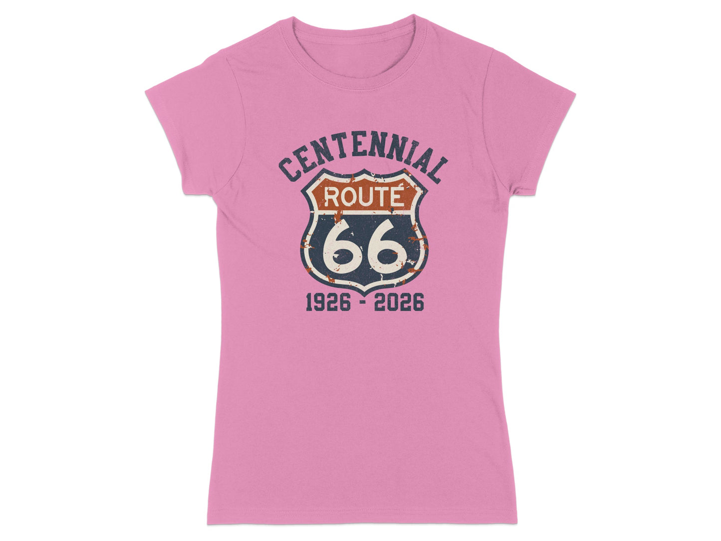 Pink t-shirt with distressed Centennial Route 66 1926-2026 logo.