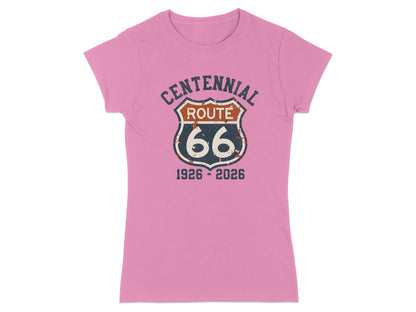 Pink t-shirt with distressed Centennial Route 66 1926-2026 logo.