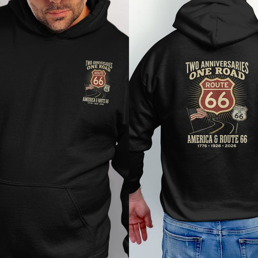 Black hoodie with Route 66 graphic and "America & Route 66" text.