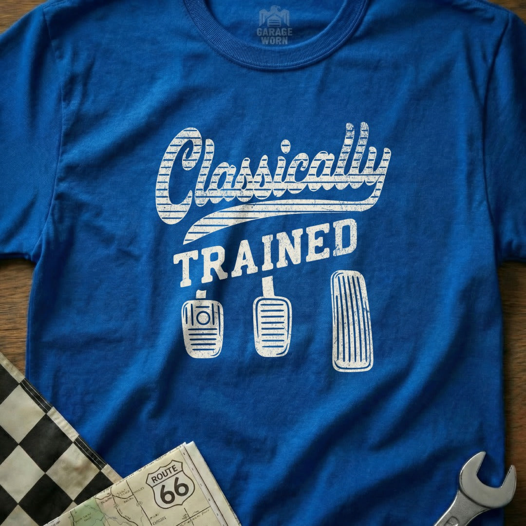 Blue t-shirt with "Classically TRAINED" and three pedals.