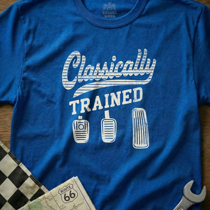 Blue t-shirt with "Classically TRAINED" and three pedals.