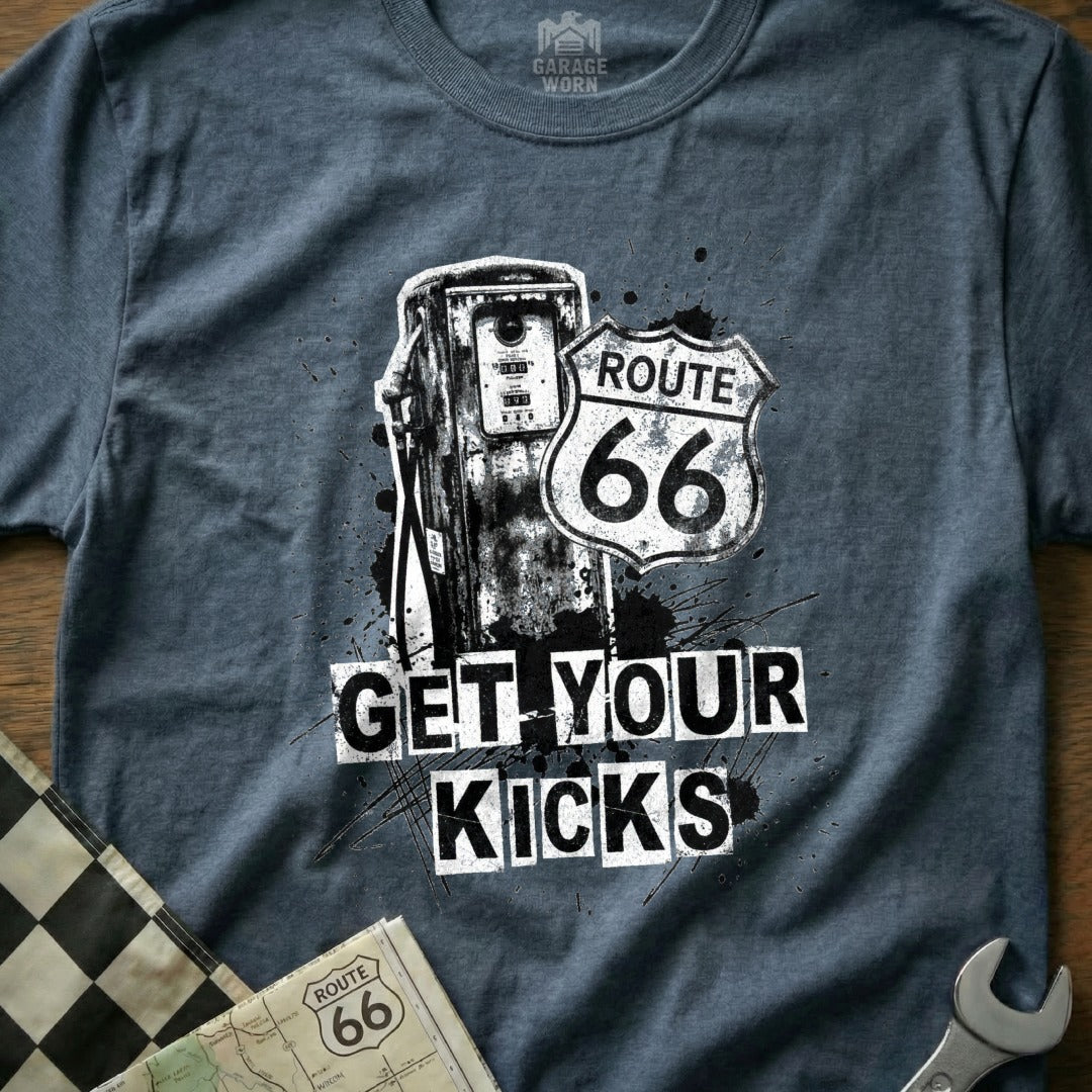 Gray t-shirt with Route 66 gas pump graphic and "Get Your Kicks" text.