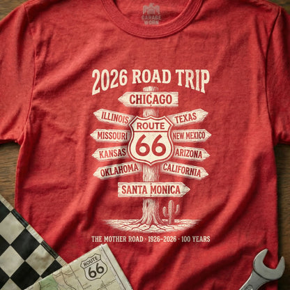 Red t-shirt with "2026 Road Trip" and Route 66 destinations listed.
