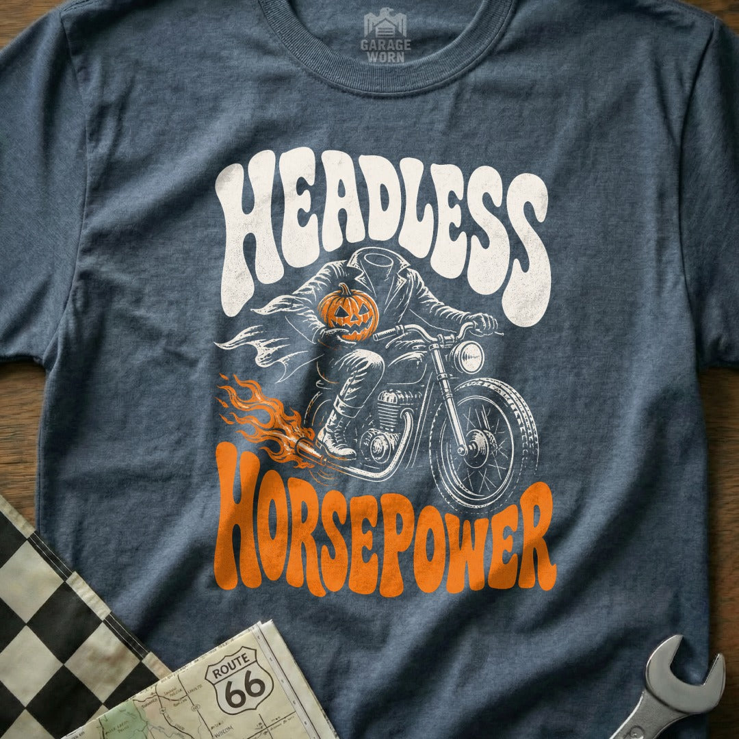 Dark blue t-shirt with "Headless Horsepower" graphic and a headless rider holding a jack-o'-lantern on a motorcycle.