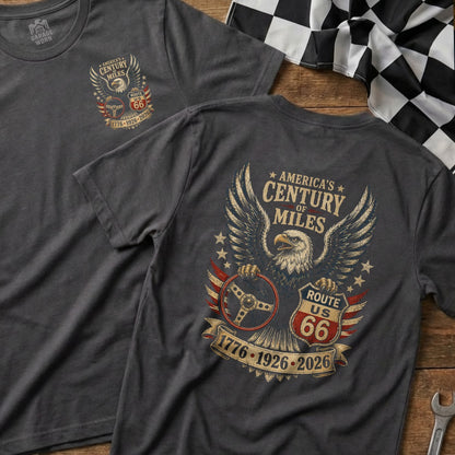 Dark grey t-shirt with eagle, steering wheel, US Route 66, and dates 1776-1926-2026.