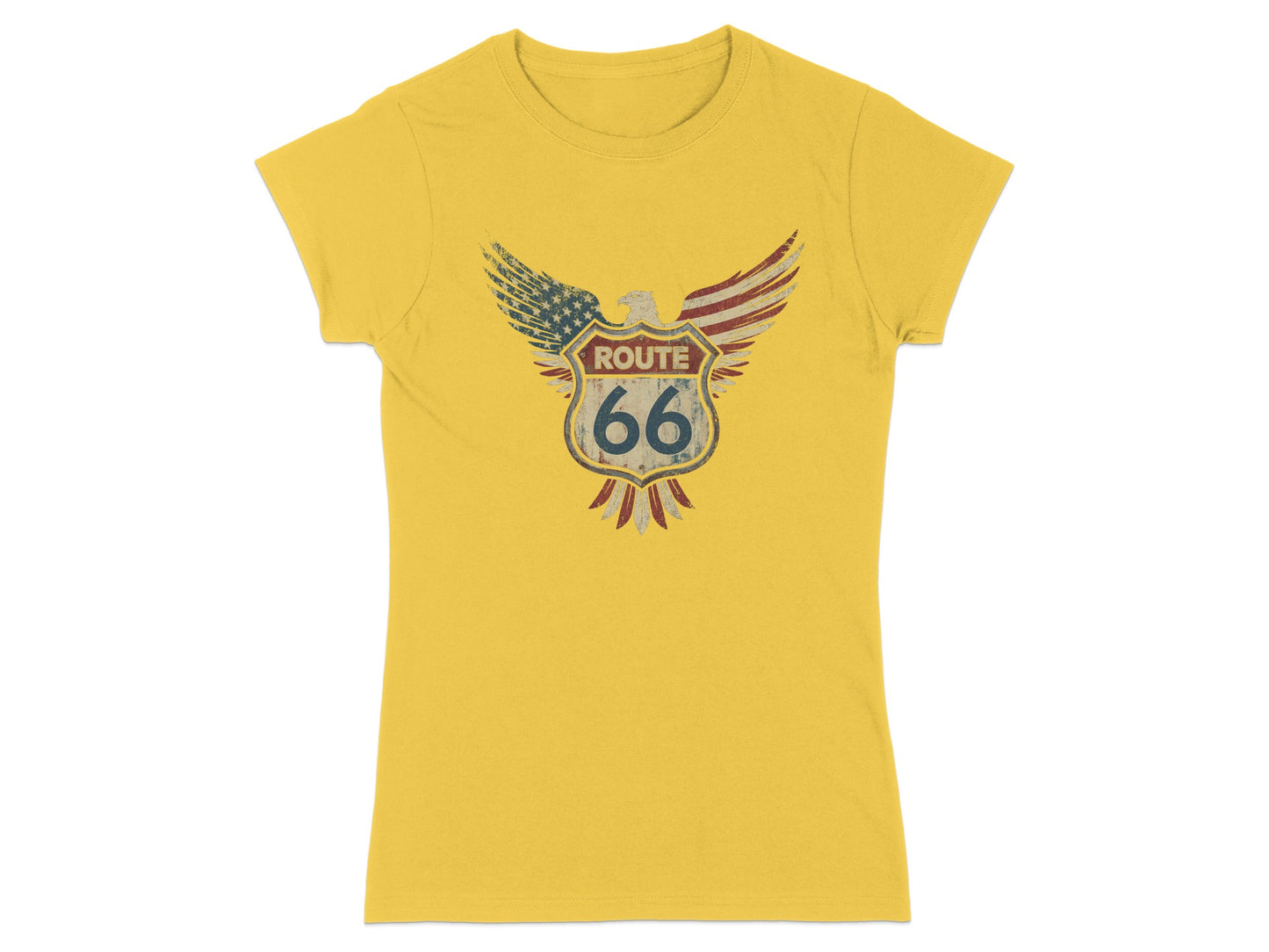 Yellow t-shirt with distressed Route 66 shield and eagle graphic.