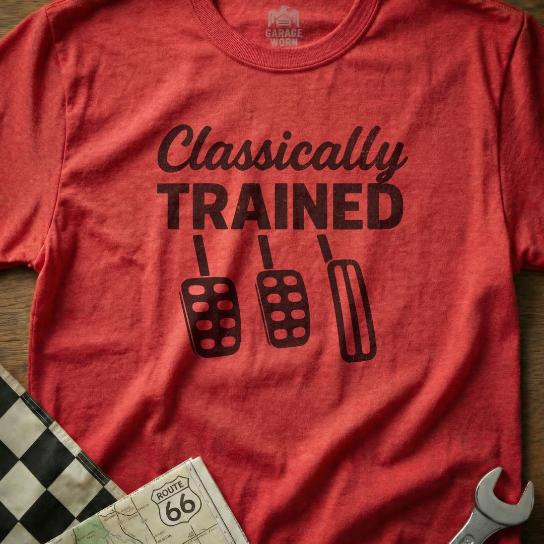 Red t-shirt with "Classically Trained" text and car pedals graphic.