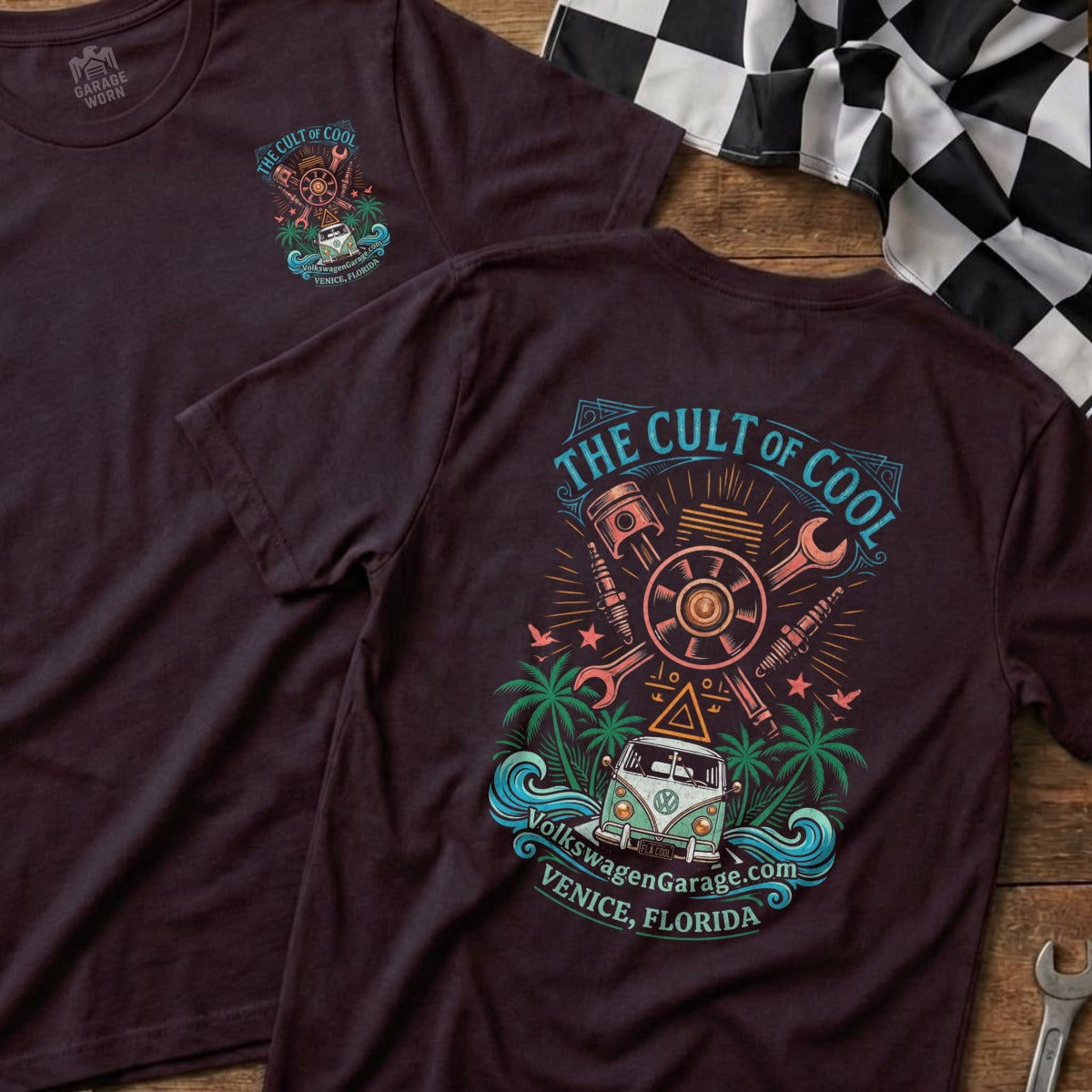 T-shirt graphic with vintage VW van, tools, palm trees, and text "The Cult of Cool".