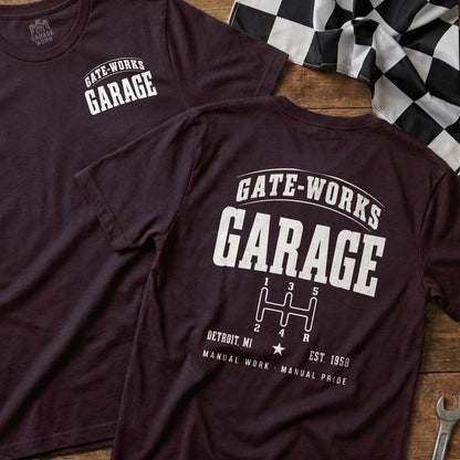 Maroon t-shirt with "GATE-WORKS GARAGE" and a gear shift graphic.