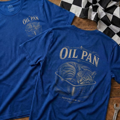 Blue t-shirt with "Oil Pan" text and a cat sleeping in an oil pan graphic.