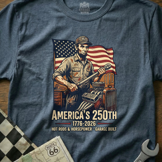 Abraham Lincoln with wrench and engine, USA flag, "America's 250th" text.