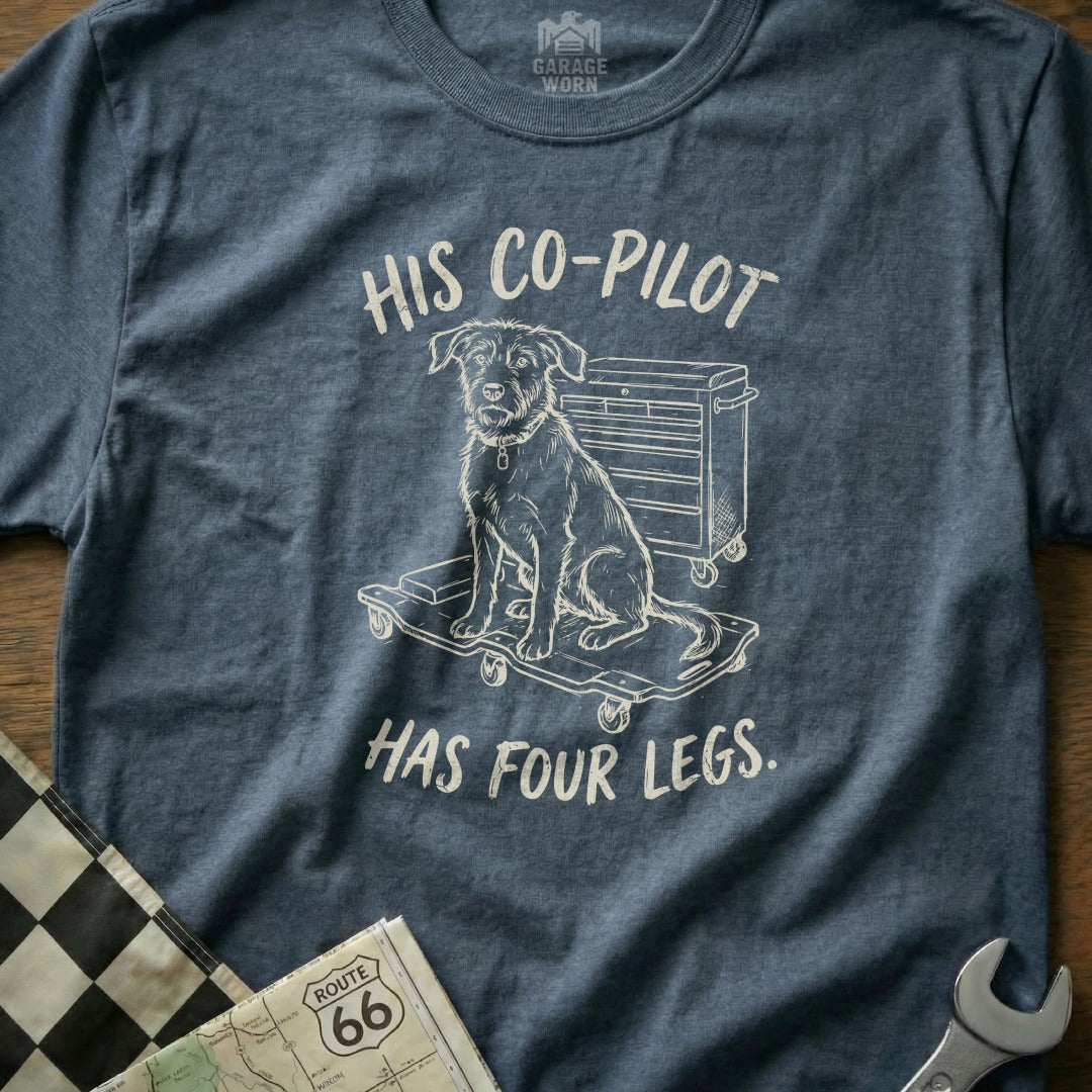 T-shirt with dog on cart and text "His Co-Pilot Has Four Legs."