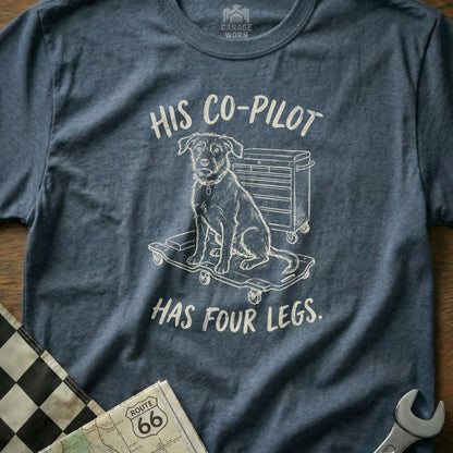 T-shirt with dog on cart and text "His Co-Pilot Has Four Legs."