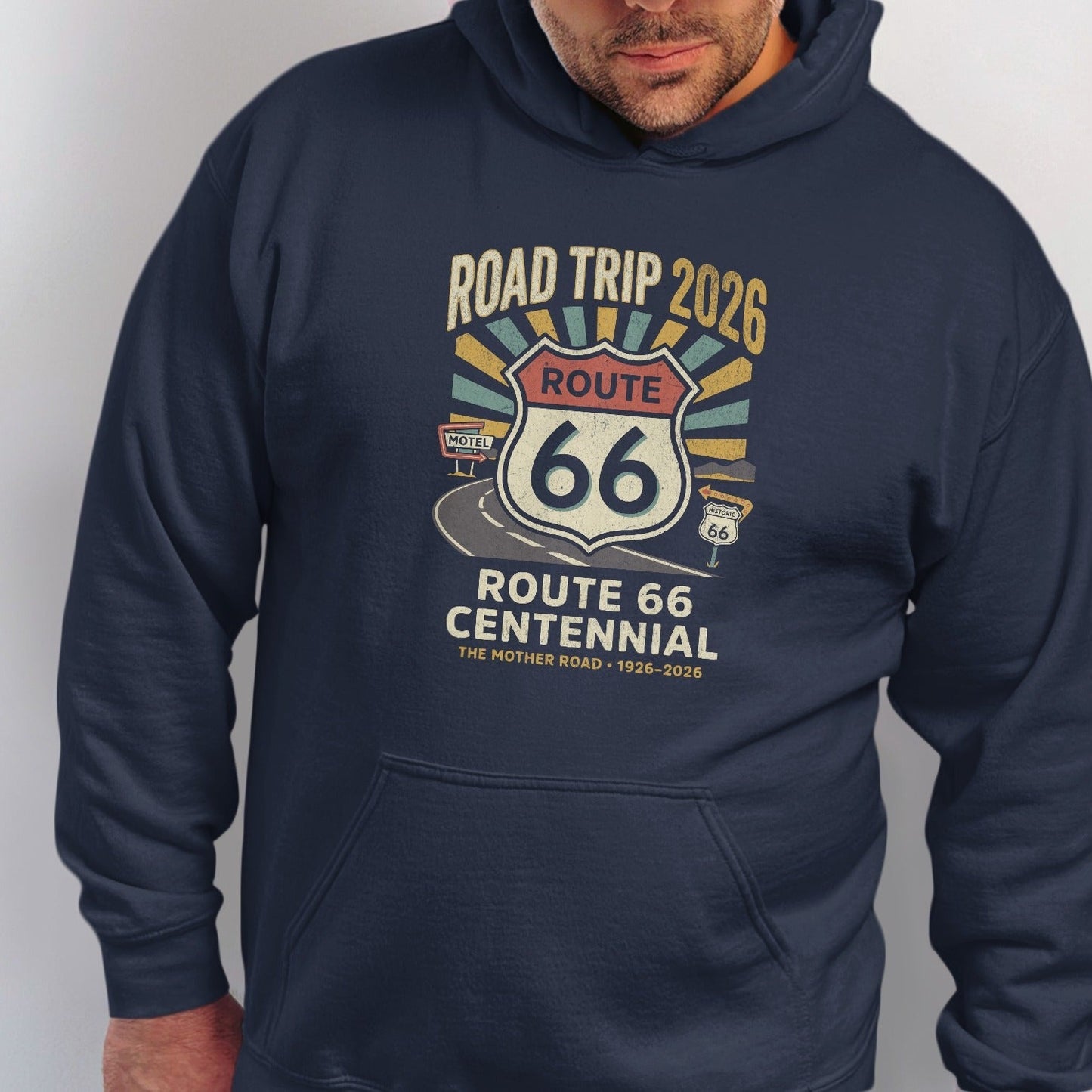 Navy hoodie with Route 66 Centennial graphic and Road Trip 2026 text.