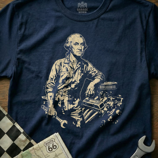 George Washington in work clothes leans on a car engine, holding a wrench.
