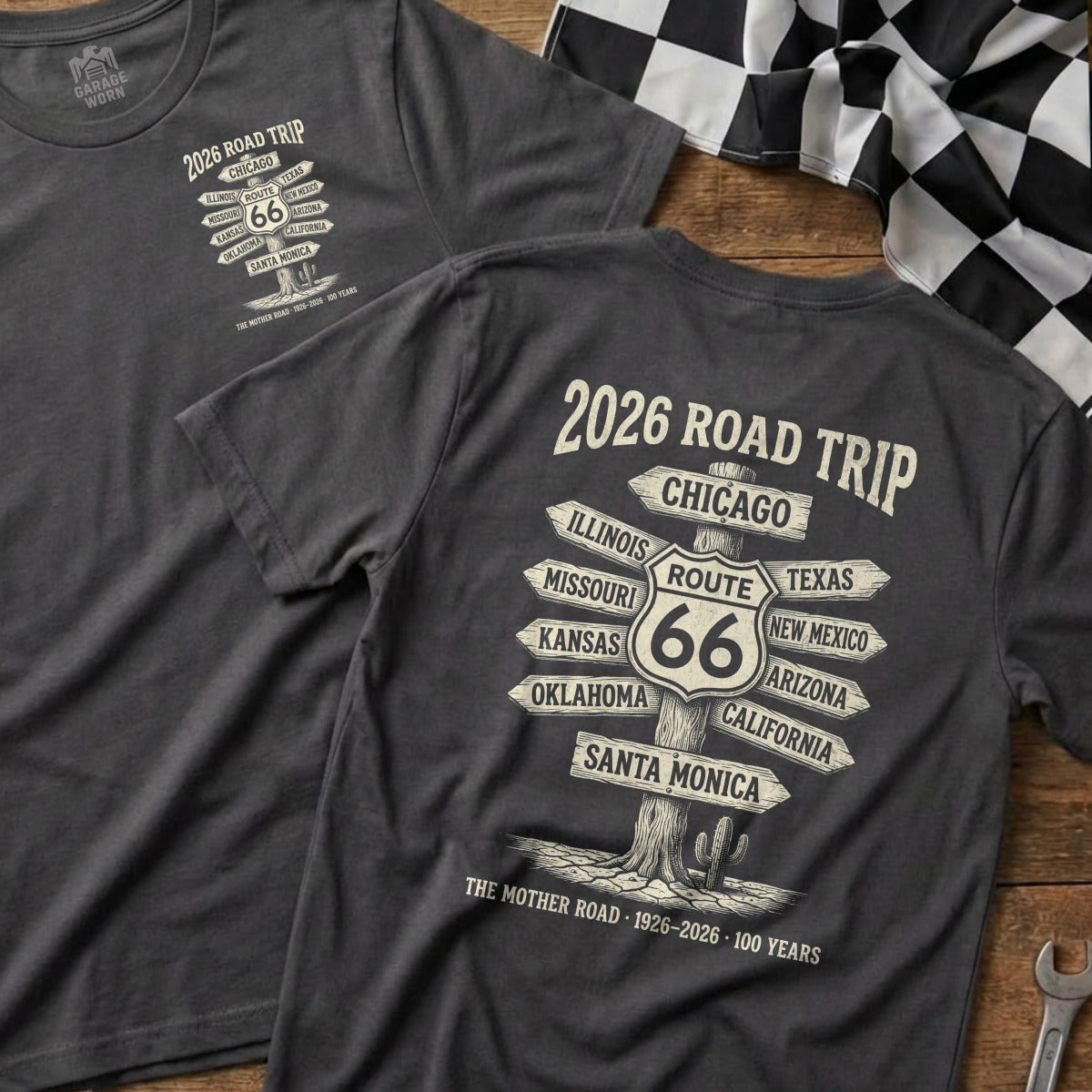"Garage Worn 2026 Road Trip Route 66 t-shirt with destination signs."
