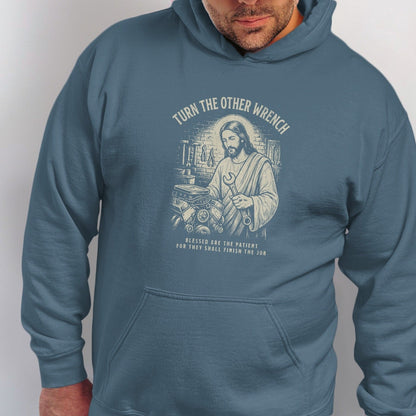 Jesus fixing an engine with text "Turn the Other Wrench" and bible quote.