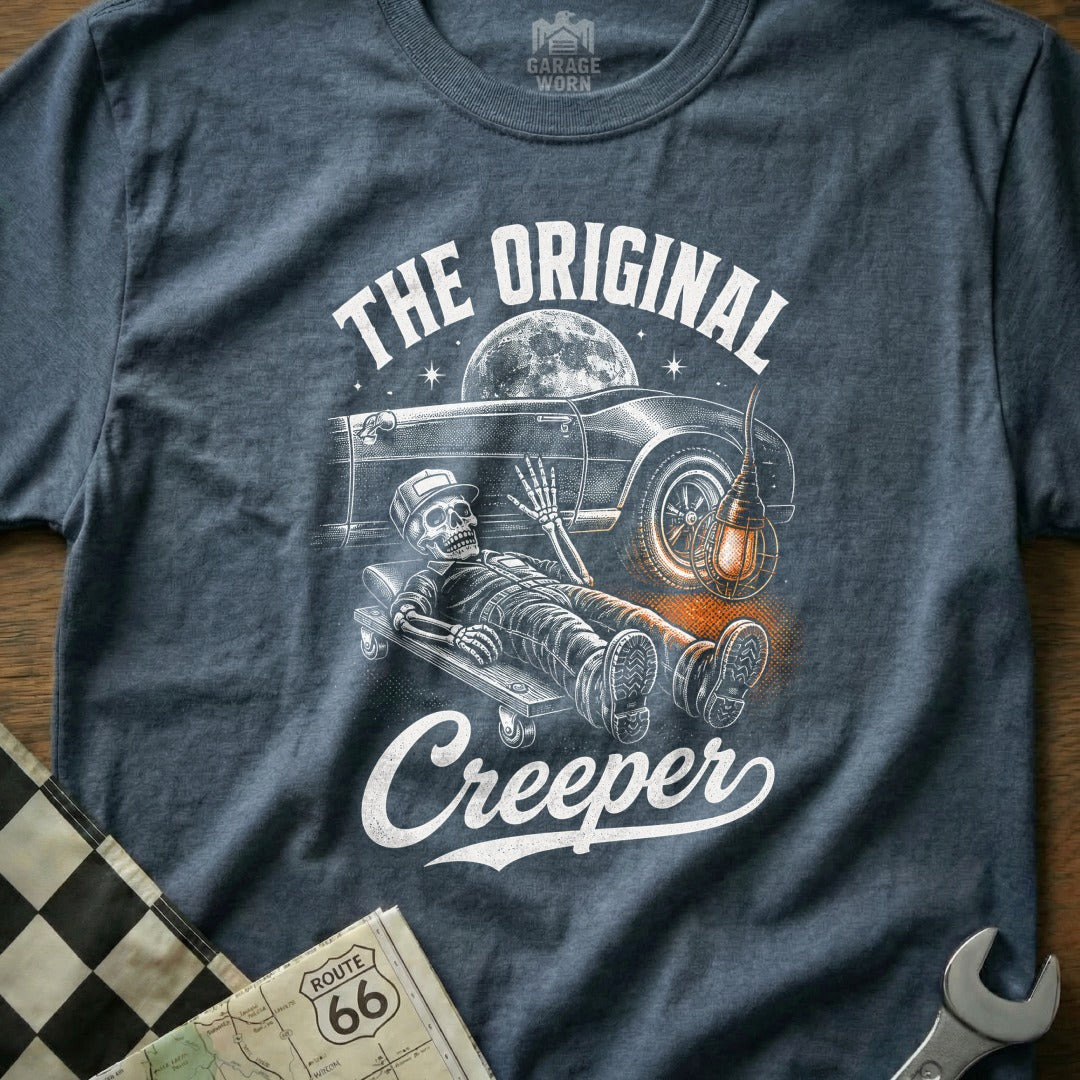 Skeleton on creeper under car with moon and "The Original Creeper" text.
