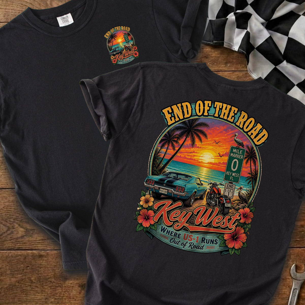 T-shirt graphic: sunset, car, motorcycle, and "Key West" with "End of the Road" text.