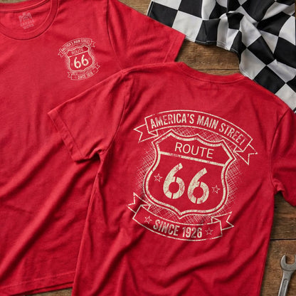 Red t-shirts with Route 66 "America's Main Street" logo.