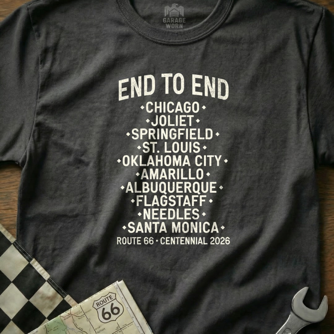 Black t-shirt with "End to End" and Route 66 cities listed.